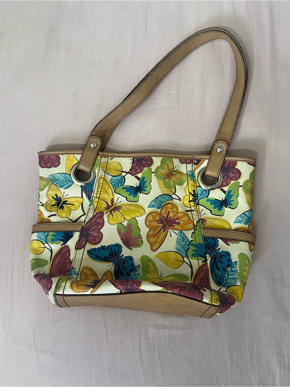 Butterfly Print Shoulder Tote Bag in Cream and Multicolor